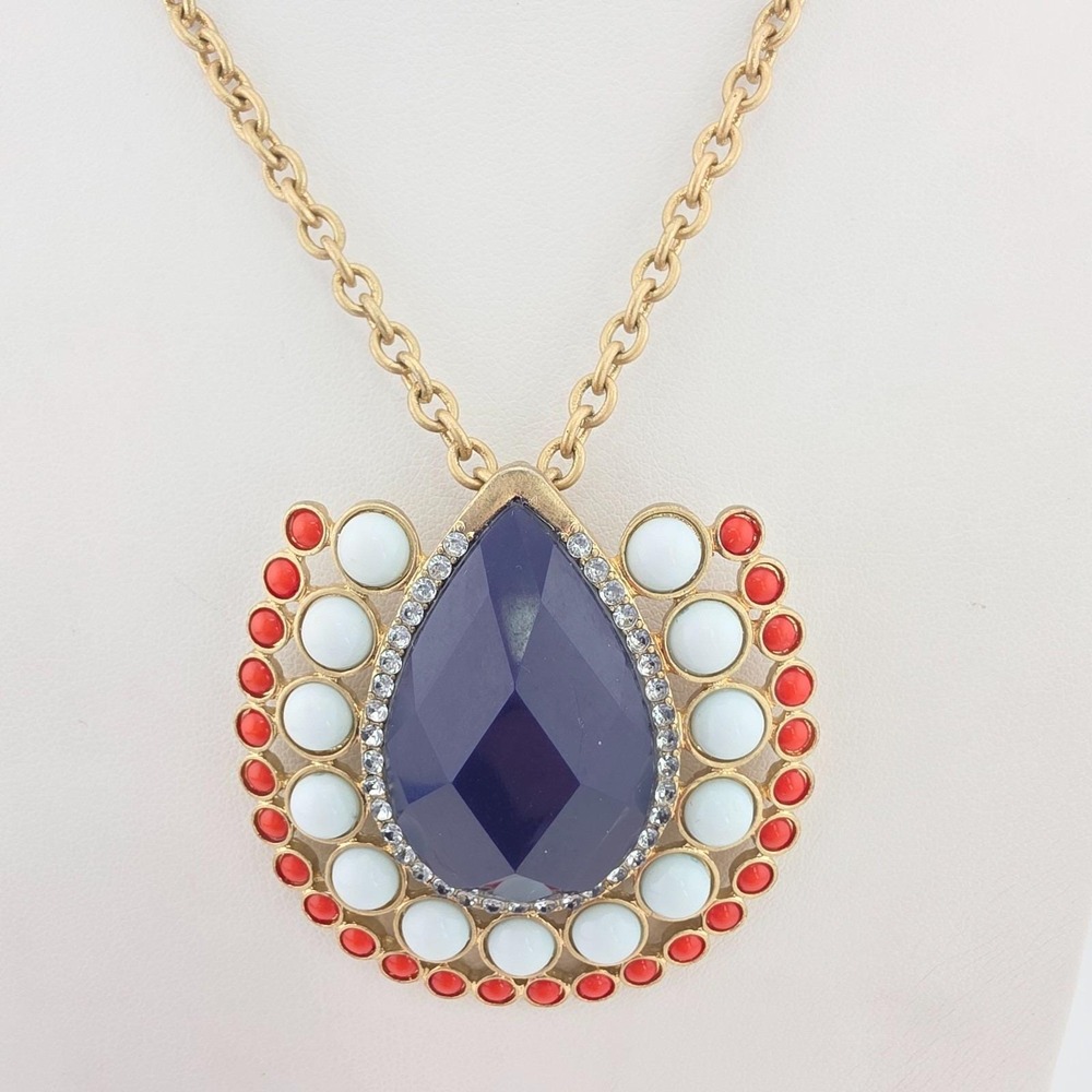 FORNASH Crystal Horseshoe Halo Necklace Navy Colorful Beads Gold Plate 32"